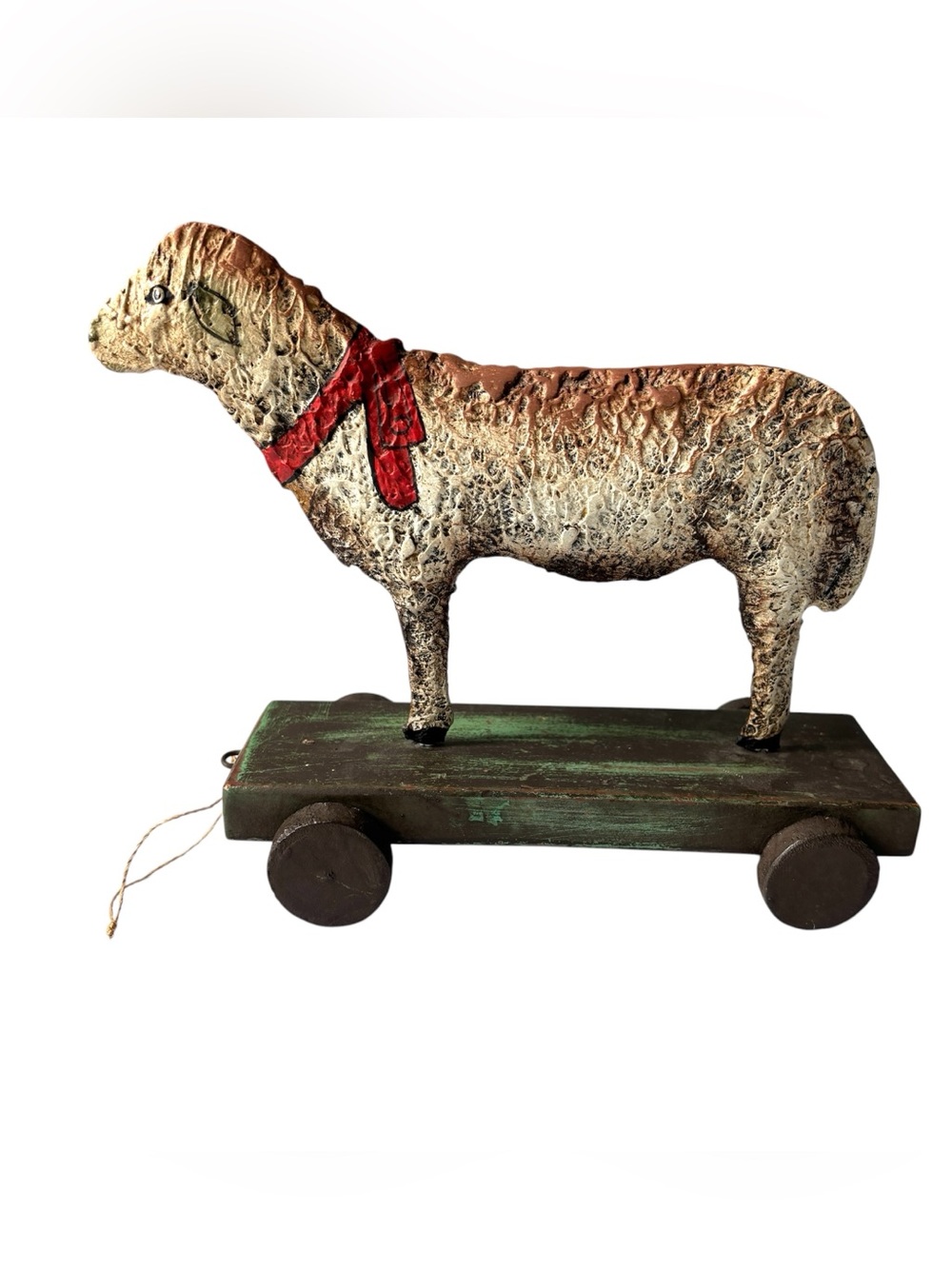 Folk Art Pull Toy Sheep Red Ribbon Vintage Painted Metal Primitive Wood Barn